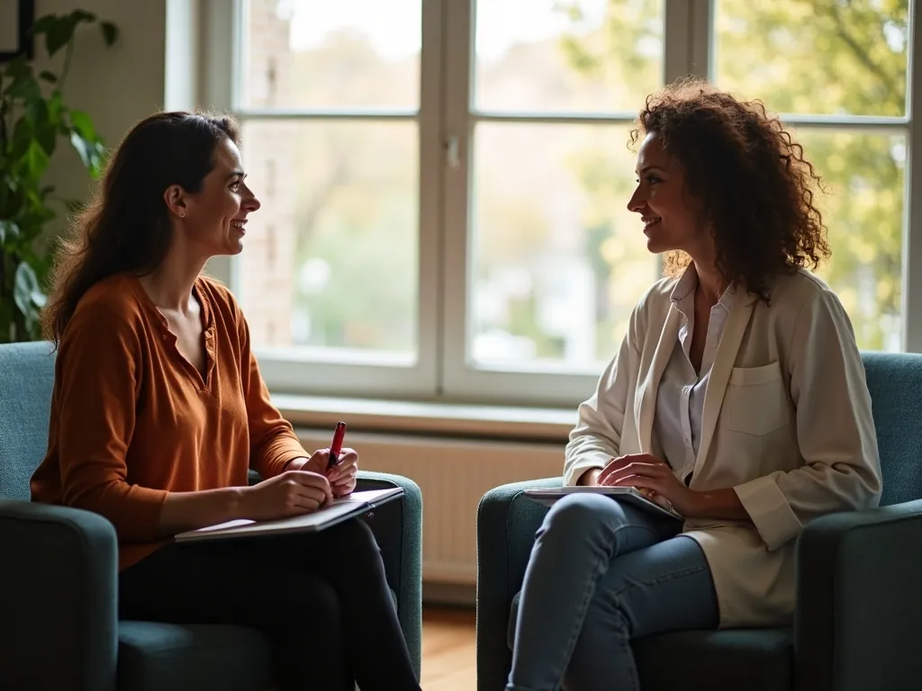Zwei Frauen im ruhigen Coaching-Gespräch am Fenster