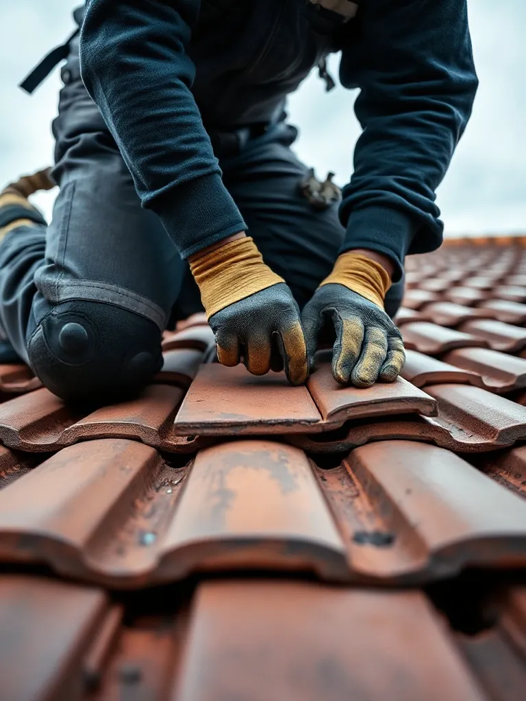 Dachdecker in Arbeitshandschuhen verlegt Dachziegel auf einem Steildach