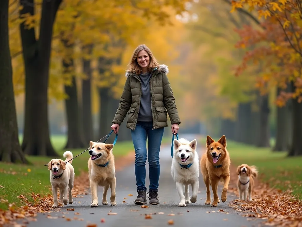 Hundebetreuerin mit fünf Hunden an der Leine im Park
