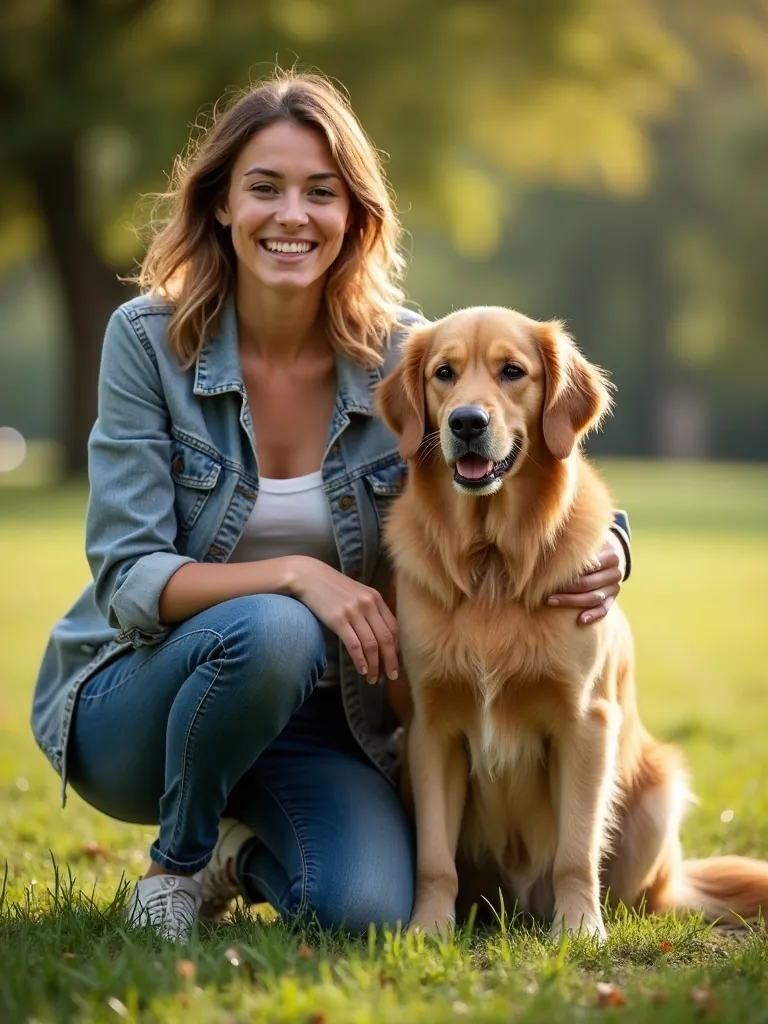 Hundebetreuerin kniet neben einem Golden Retriever im Park