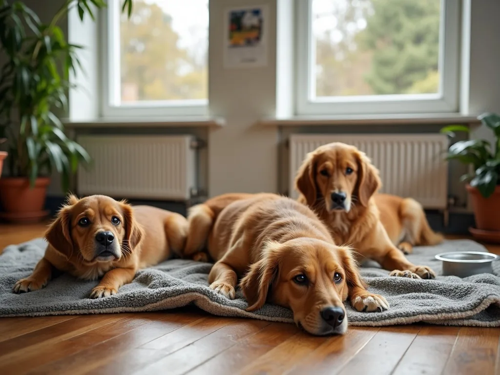 Drei Hunde ruhen auf Decken in einem hellen Raum