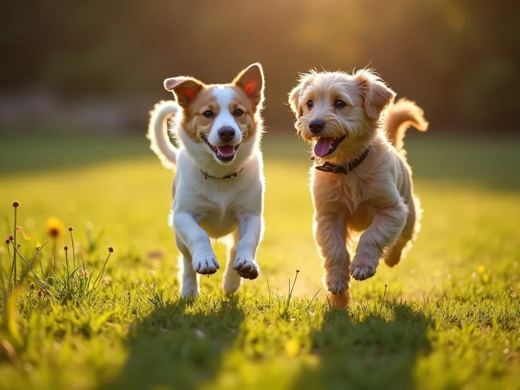 Zwei Hunde spielen miteinander auf einer Wiese