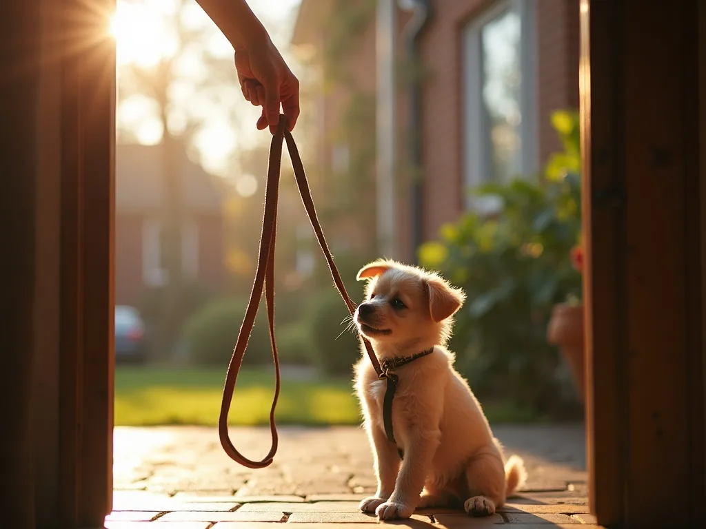 Übergabe der Leine an der Haustür, Hund wartet