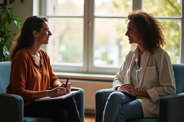 Zwei Frauen im Gespr&auml;ch an einem Tisch