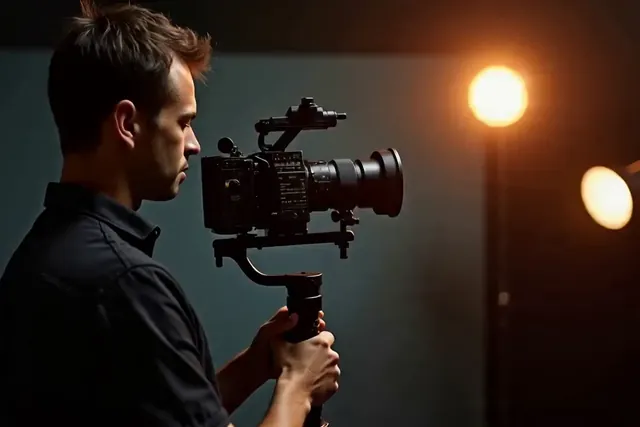 Kameramann mit Kamera im abgedunkelten Studio
