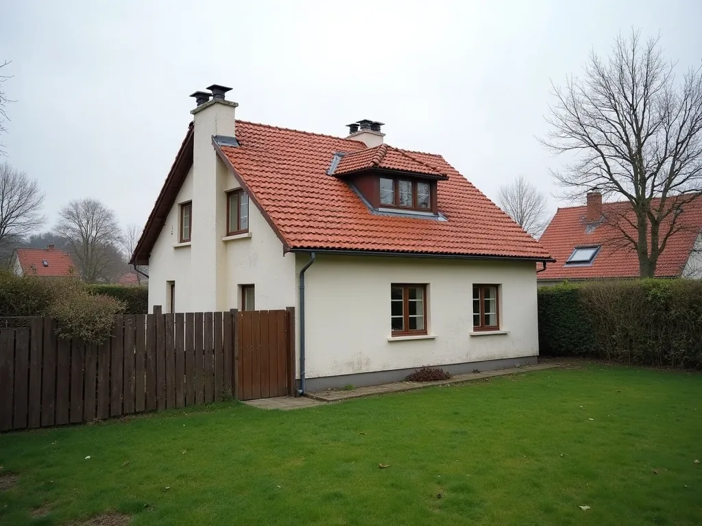 Einfamilienhaus mit rotem Ziegeldach und verputztem Schornstein