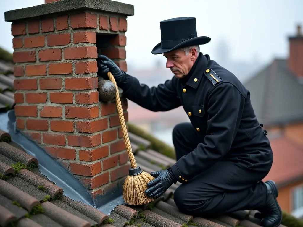 Schornsteinfeger lässt Kehrseil mit Kugel und Bürste in den Schornstein