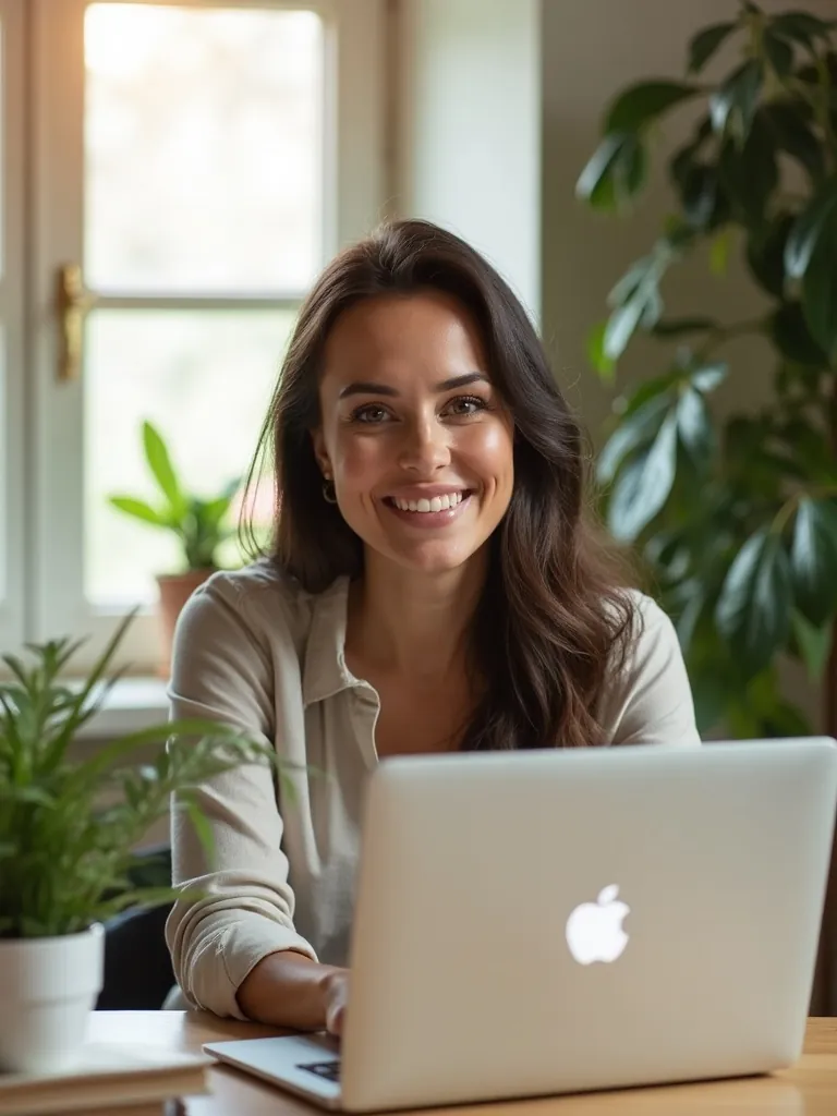 Frau arbeitet am Laptop in einem hellen Homeoffice