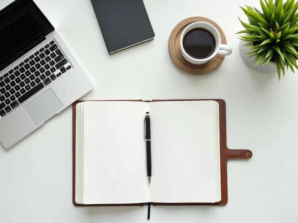 Aufgeräumter Schreibtisch von oben mit Laptop, Notizbuch, Kaffee und Pflanze