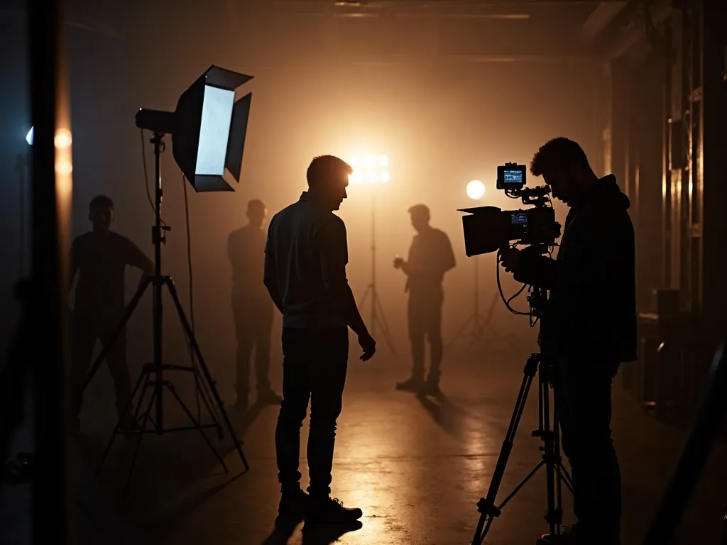 Filmset mit Lichttechnik und Kamera auf dem Stativ