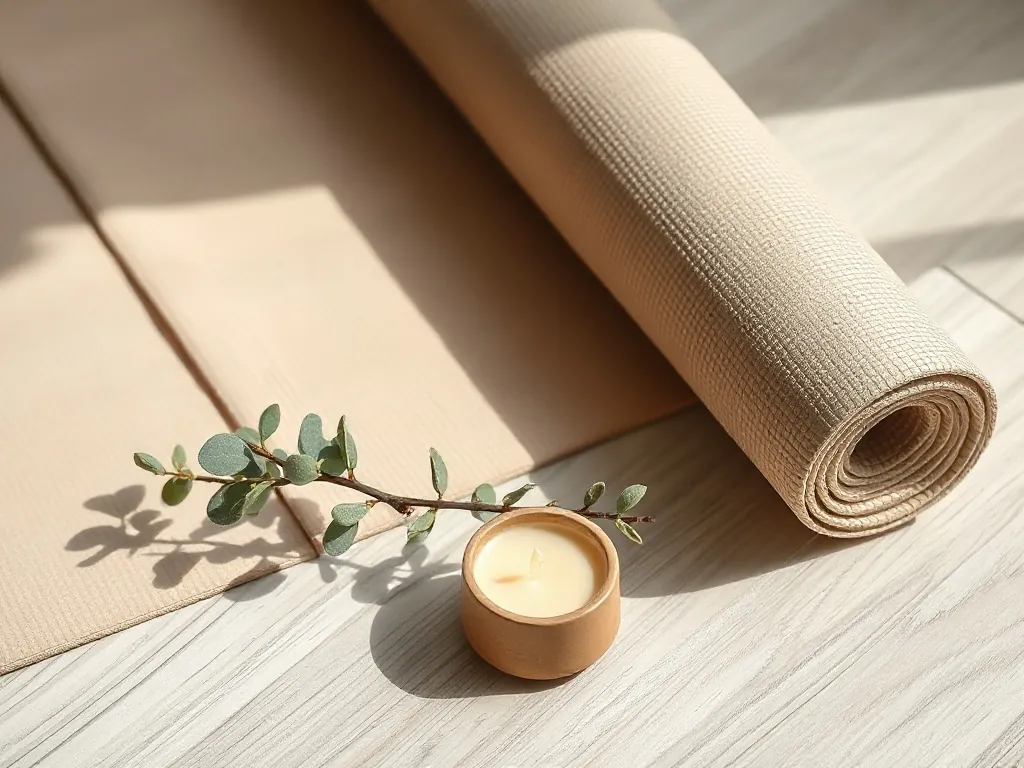 Aufgerollte Yogamatte, Kerze und Eukalyptuszweig auf Holzboden