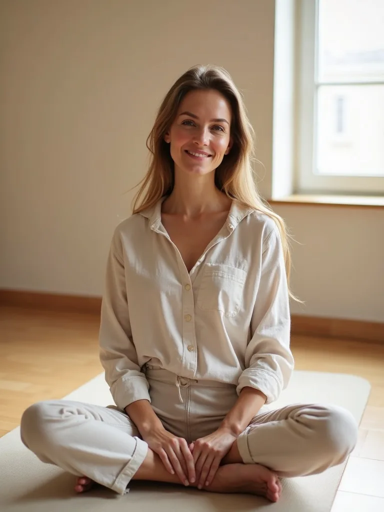 Yogalehrerin sitzt im Schneidersitz auf einer Matte und lächelt