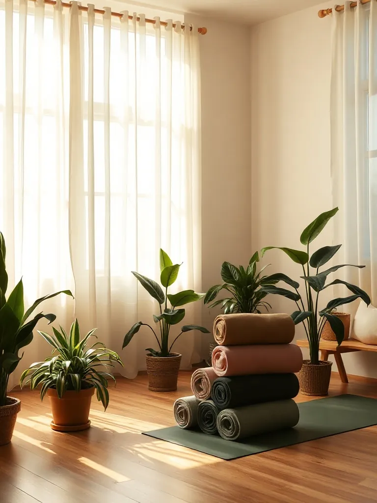 Heller Yogaraum mit Holzboden, Pflanzen und aufgerollten Matten