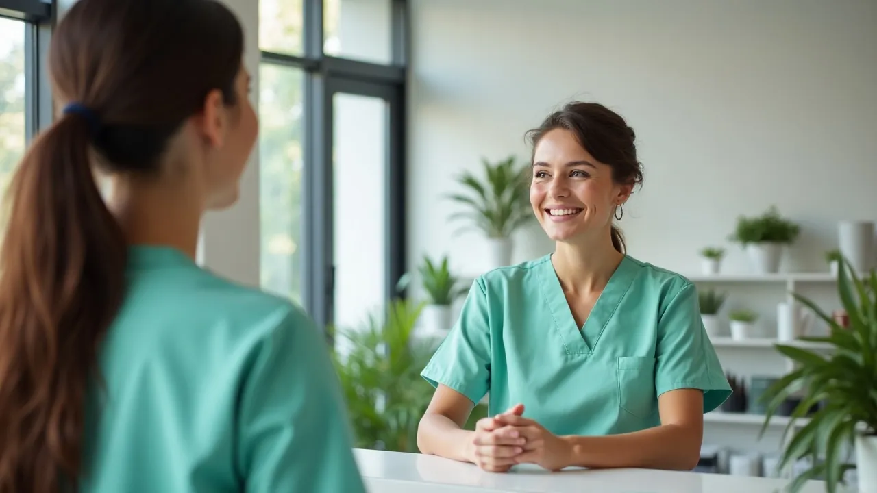 Empfangskraft in der Zahnarztpraxis begrüßt eine ankommende Patientin