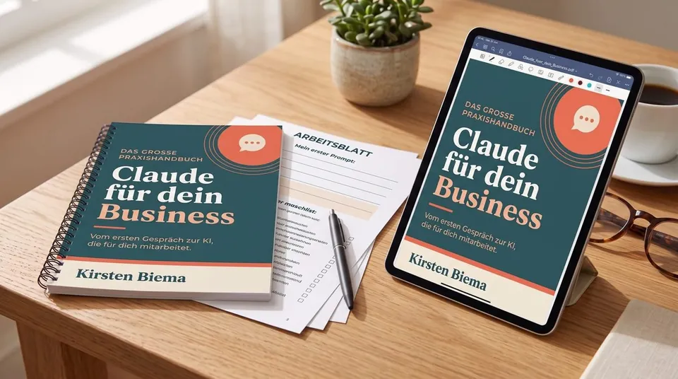 Das große Claude-Buch von Kirsten Biema: das PDF auf dem Tablet und ausgedruckte Arbeitsblätter